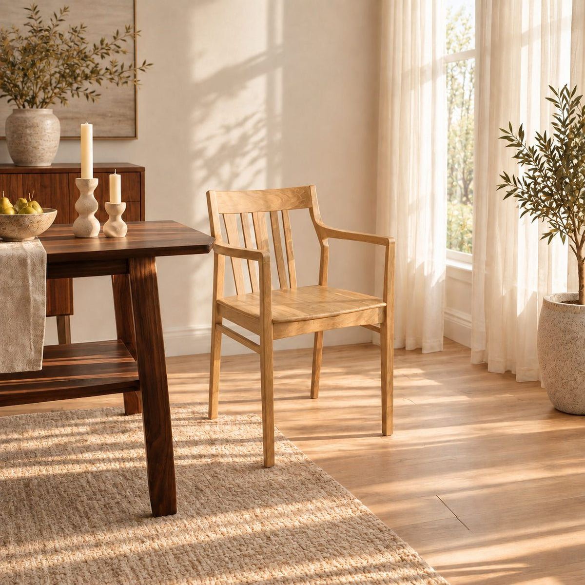 Slat Back Dining Armchair, Solid Wood Mid Century Chair with Open Arms and Vertical Back Slats