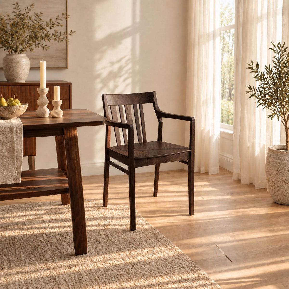 Slat Back Dining Armchair, Solid Wood Mid Century Chair with Open Arms and Vertical Back Slats
