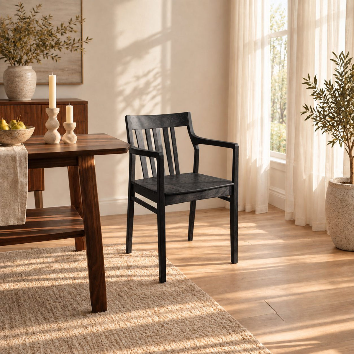 Slat Back Dining Armchair, Solid Wood Mid Century Chair with Open Arms and Vertical Back Slats