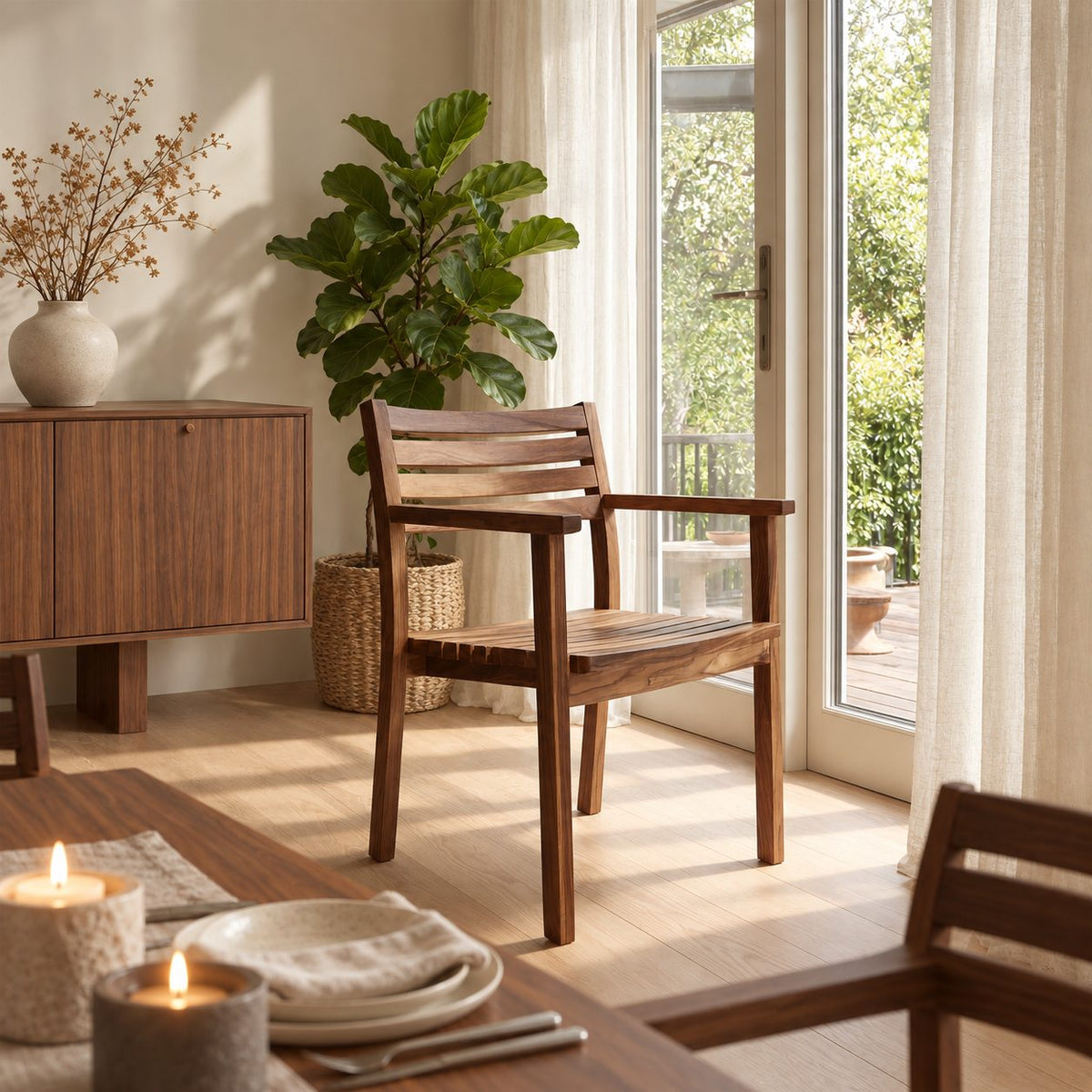 Scandinavian Slatted Dining Armchair, Solid Wood Chair with Horizontal Back Rails, Arms and Slatted Seat