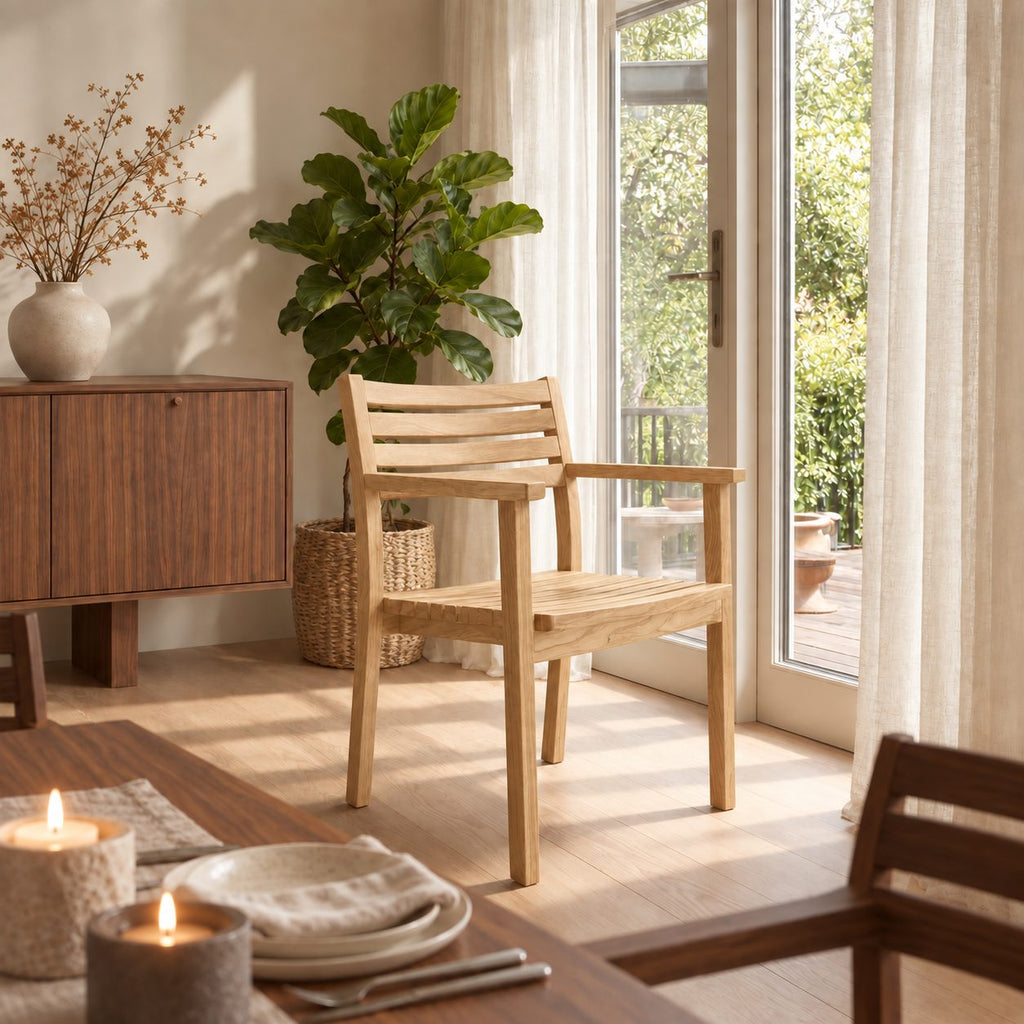 Scandinavian Slatted Dining Armchair, Solid Wood Chair with Horizontal Back Rails, Arms and Slatted Seat