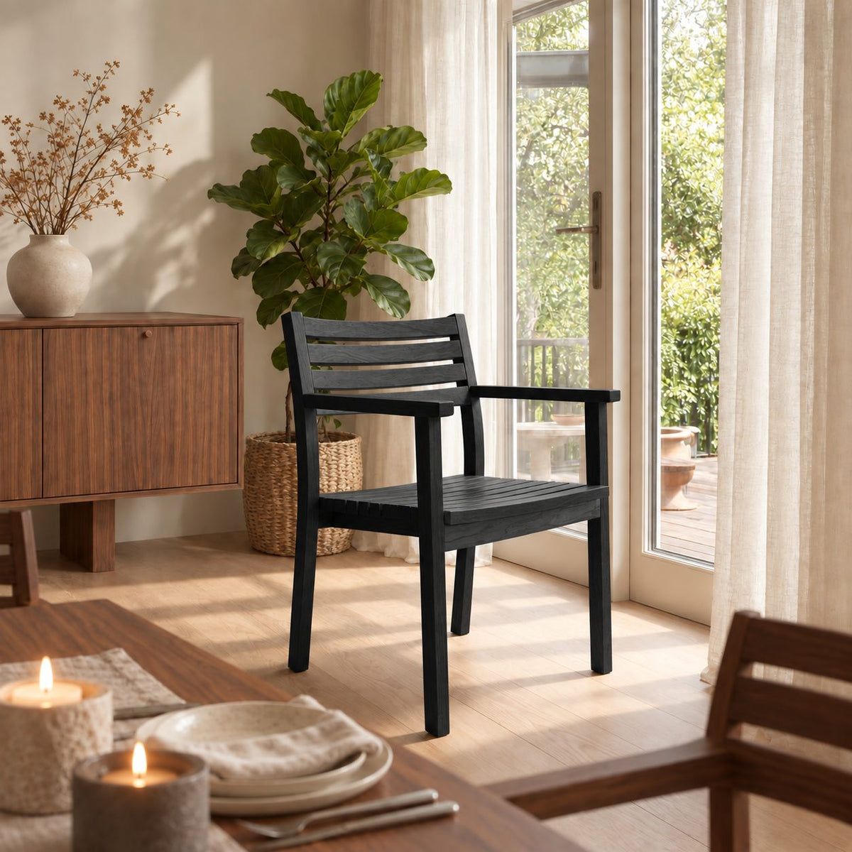 Scandinavian Slatted Dining Armchair, Solid Wood Chair with Horizontal Back Rails, Arms and Slatted Seat