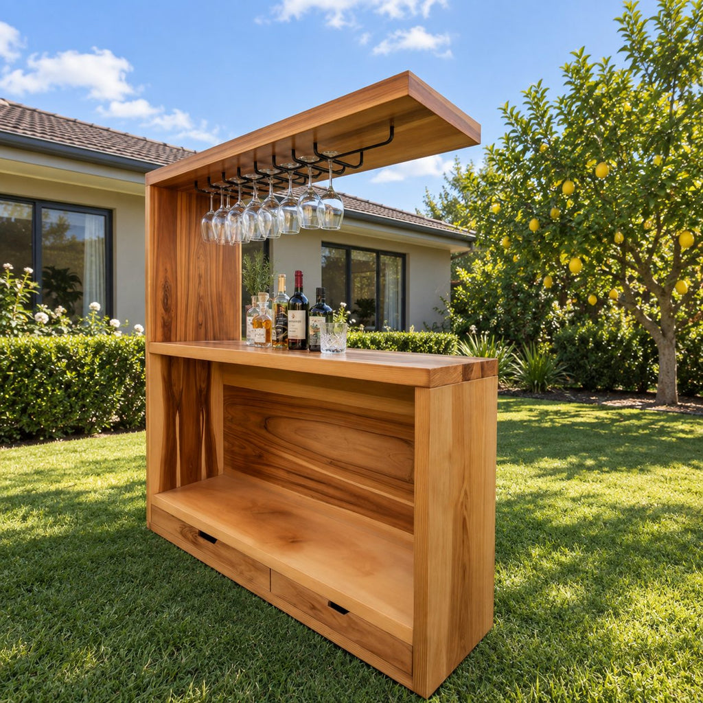 Canopy Top Outdoor Bar Cabinet with Metal Stemware Rack and Two Drawers, Solid Wood Patio Bar Station