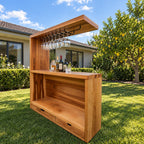 Canopy Top Outdoor Bar Cabinet with Metal Stemware Rack and Two Drawers, Solid Wood Patio Bar Station