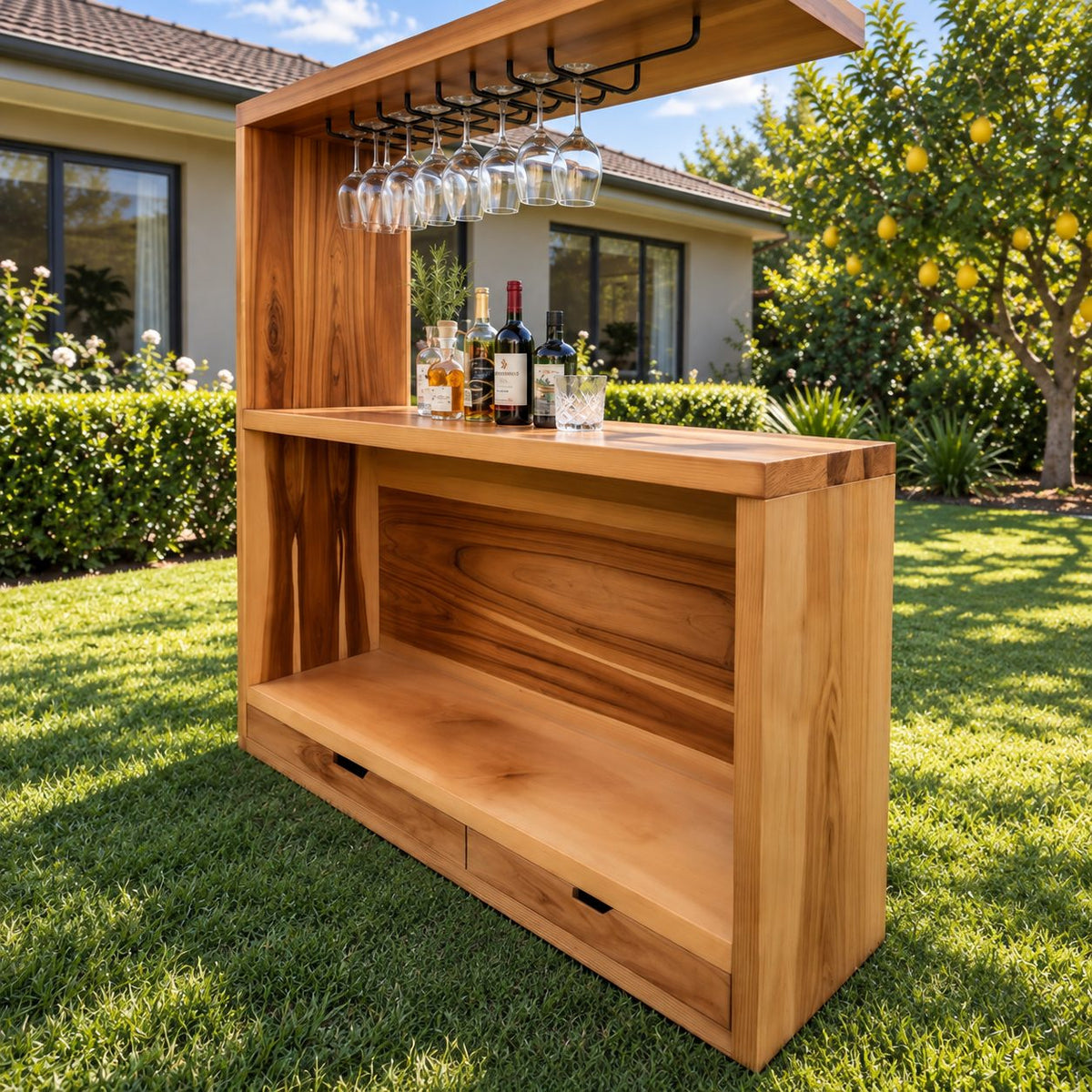 Canopy Top Outdoor Bar Cabinet with Metal Stemware Rack and Two Drawers, Solid Wood Patio Bar Station