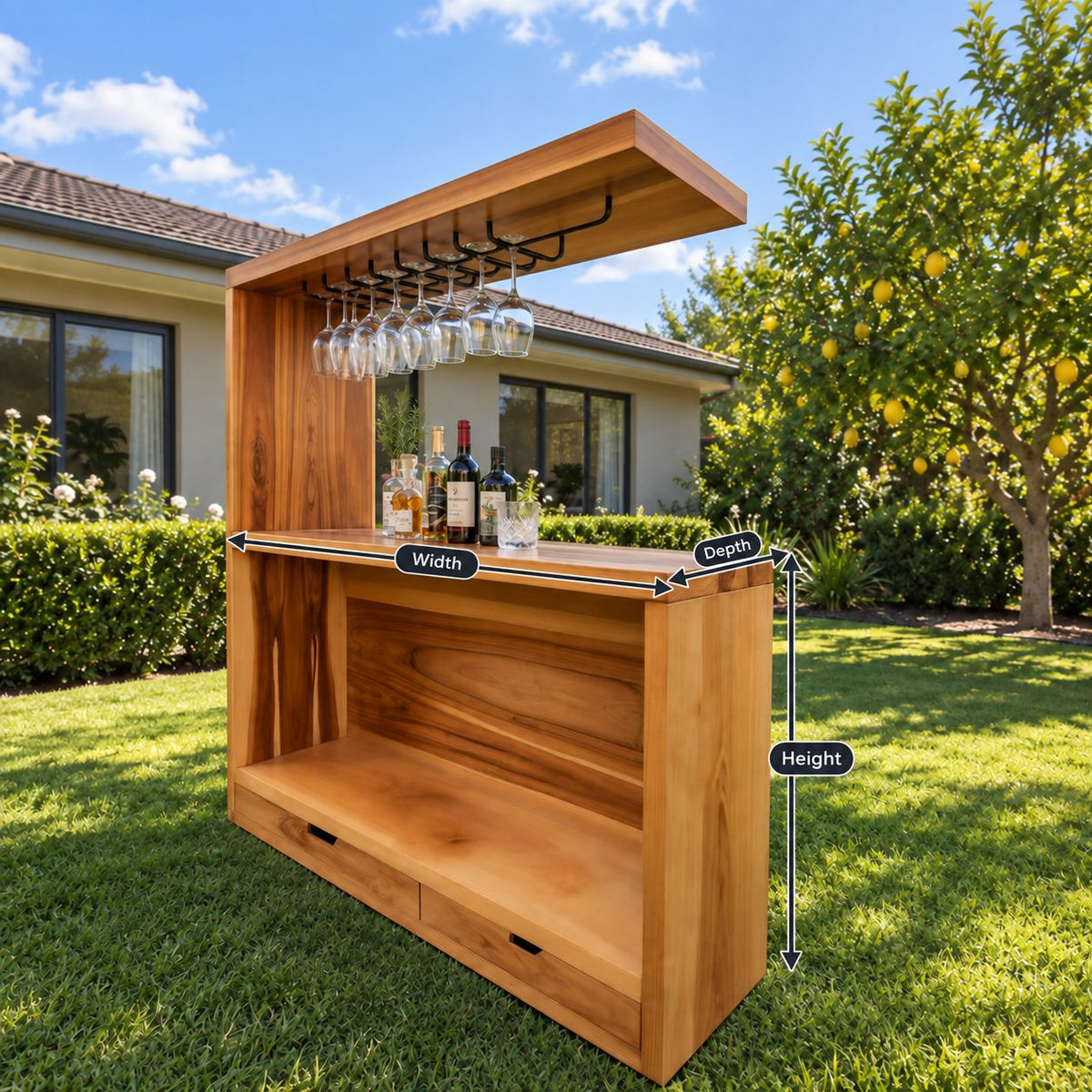 Canopy Top Outdoor Bar Cabinet with Metal Stemware Rack and Two Drawers, Solid Wood Patio Bar Station
