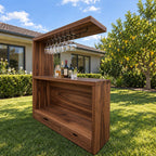Canopy Top Outdoor Bar Cabinet with Metal Stemware Rack and Two Drawers, Solid Wood Patio Bar Station