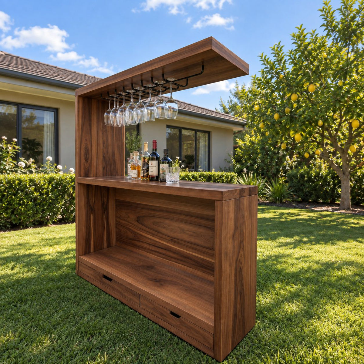 Canopy Top Outdoor Bar Cabinet with Metal Stemware Rack and Two Drawers, Solid Wood Patio Bar Station