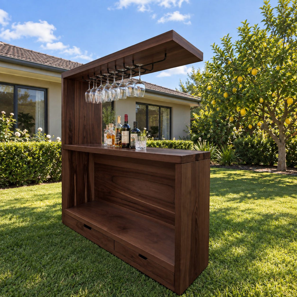Canopy Top Outdoor Bar Cabinet with Metal Stemware Rack and Two Drawers, Solid Wood Patio Bar Station