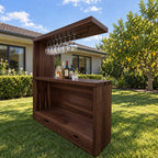 Canopy Top Outdoor Bar Cabinet with Metal Stemware Rack and Two Drawers, Solid Wood Patio Bar Station