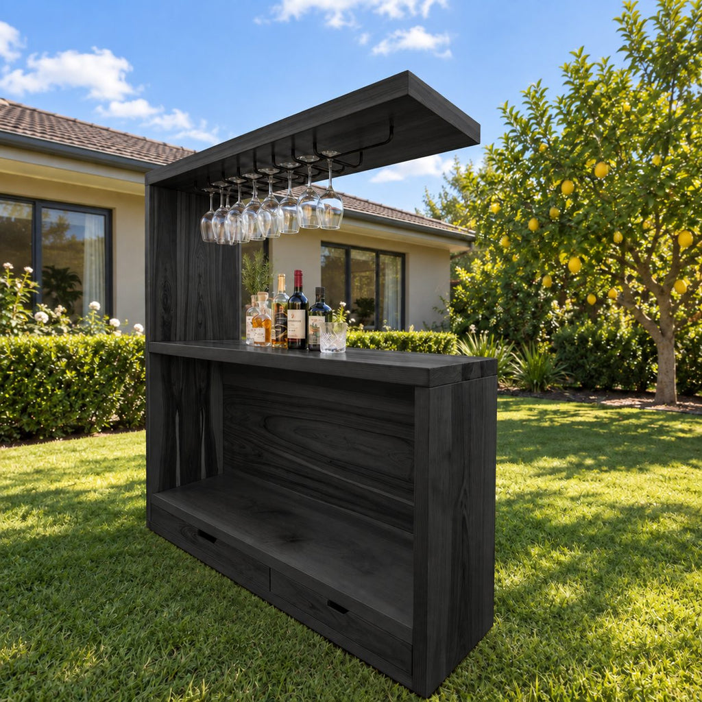 Canopy Top Outdoor Bar Cabinet with Metal Stemware Rack and Two Drawers, Solid Wood Patio Bar Station