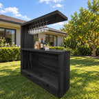 Canopy Top Outdoor Bar Cabinet with Metal Stemware Rack and Two Drawers, Solid Wood Patio Bar Station