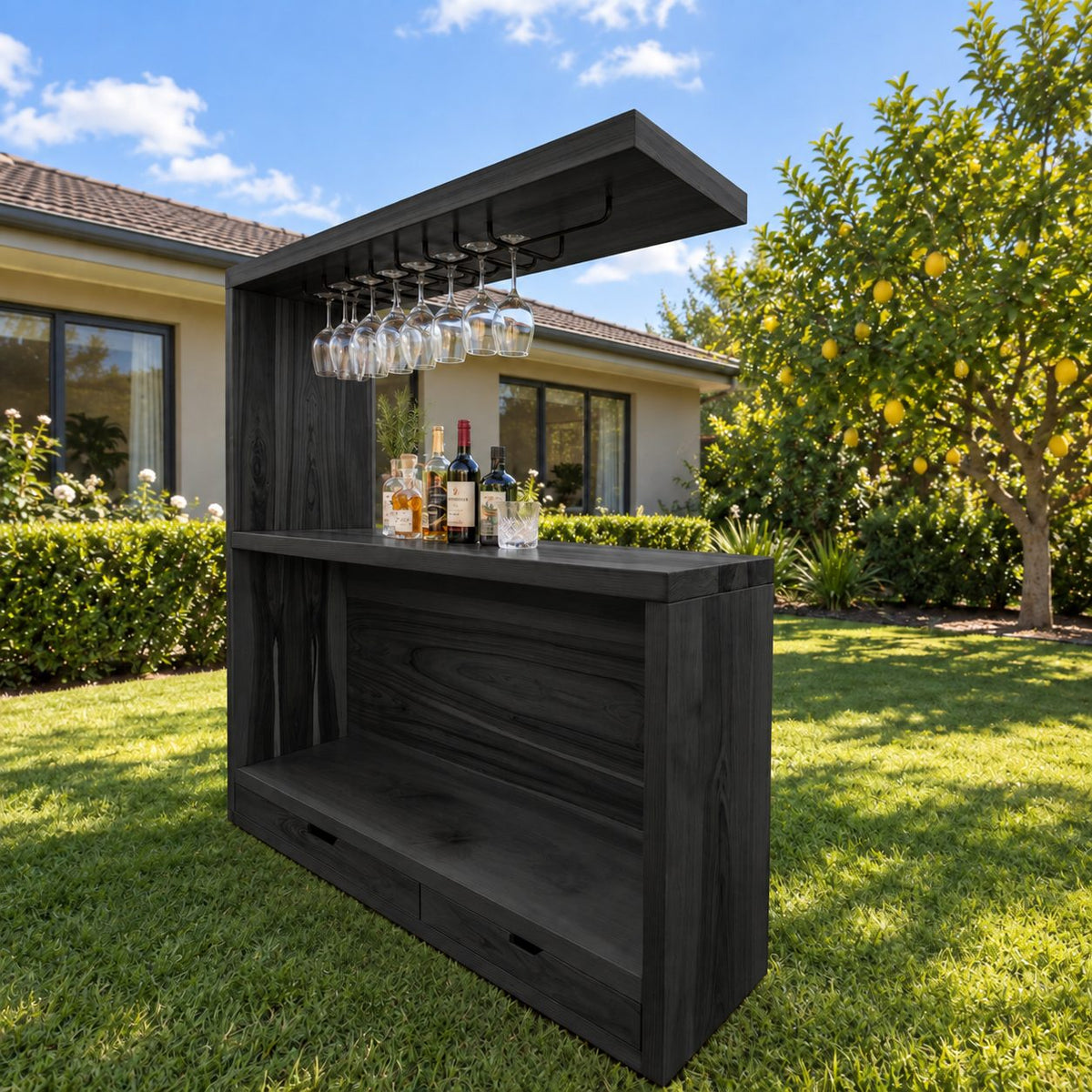 Canopy Top Outdoor Bar Cabinet with Metal Stemware Rack and Two Drawers, Solid Wood Patio Bar Station