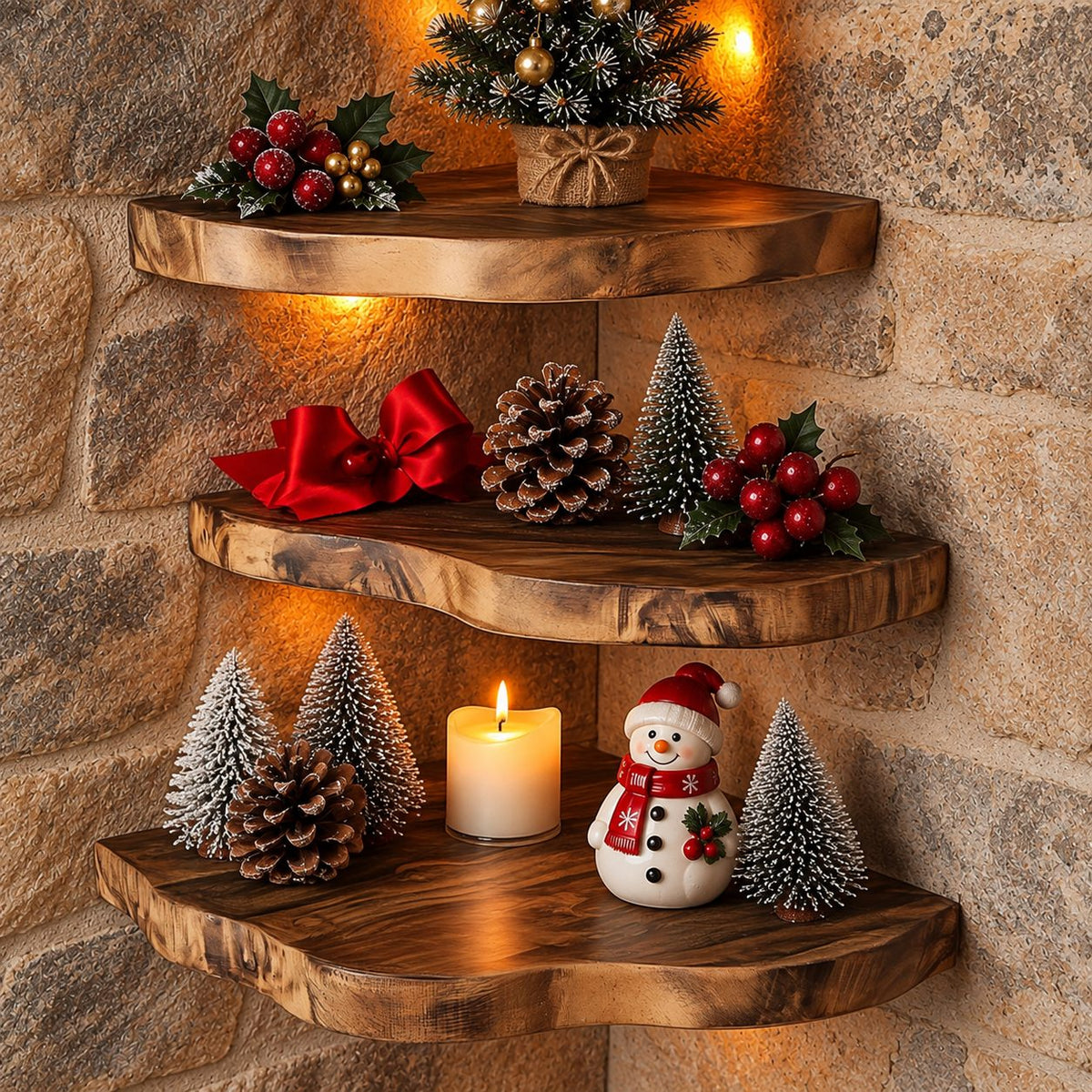 Live Edge Corner Shelf, Rounded Floating Wood Corner Shelf for Holiday and Fireplace Decor