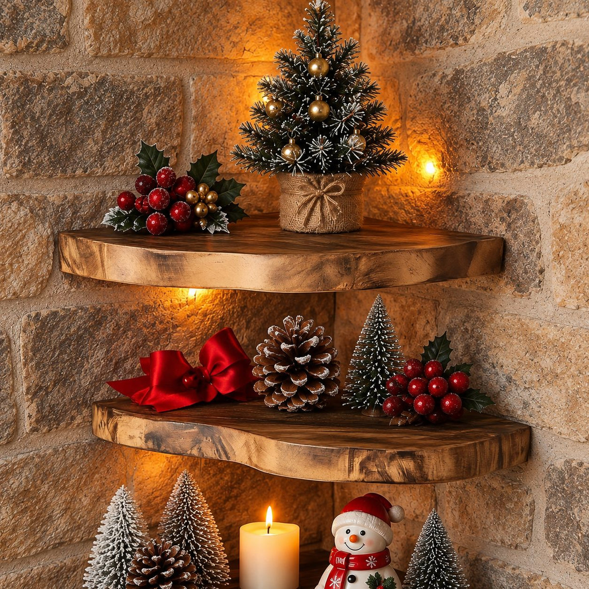 Live Edge Corner Shelf, Rounded Floating Wood Corner Shelf for Holiday and Fireplace Decor