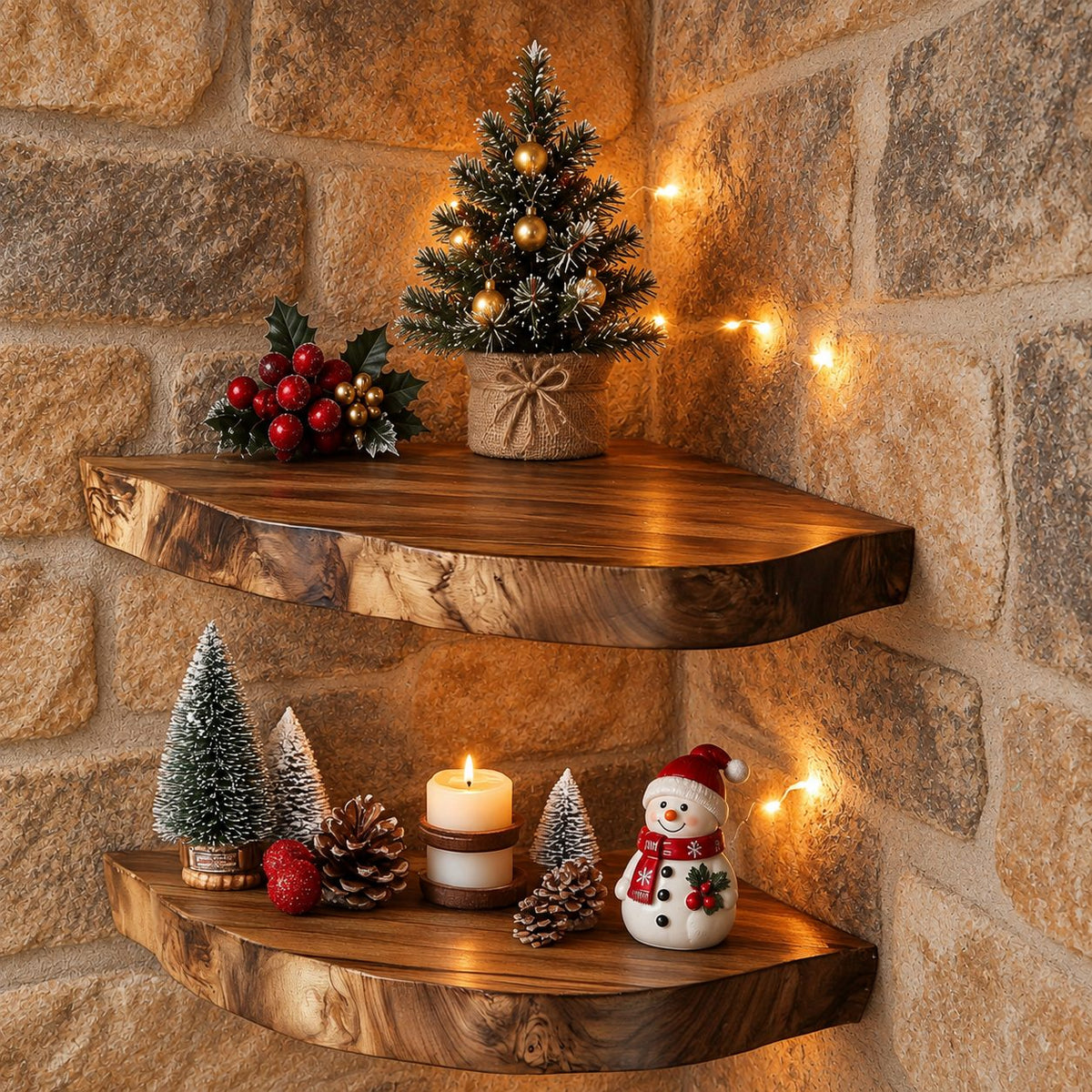 Live Edge Corner Shelf, Rounded Floating Wood Corner Shelf for Holiday and Fireplace Decor