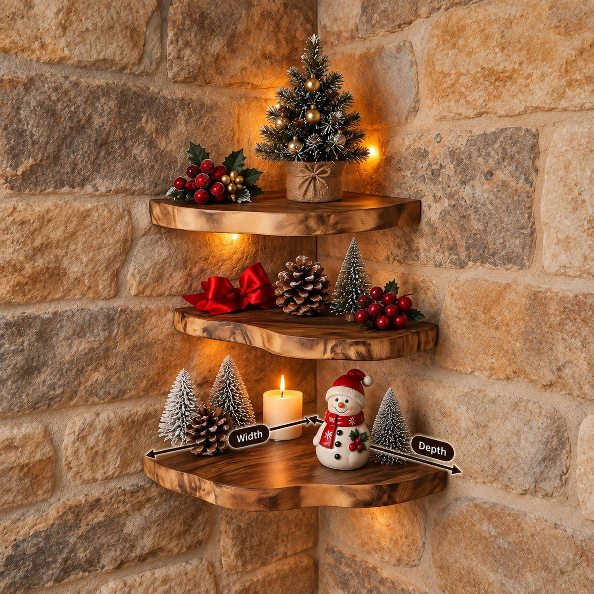 Live Edge Corner Shelf, Rounded Floating Wood Corner Shelf for Holiday and Fireplace Decor