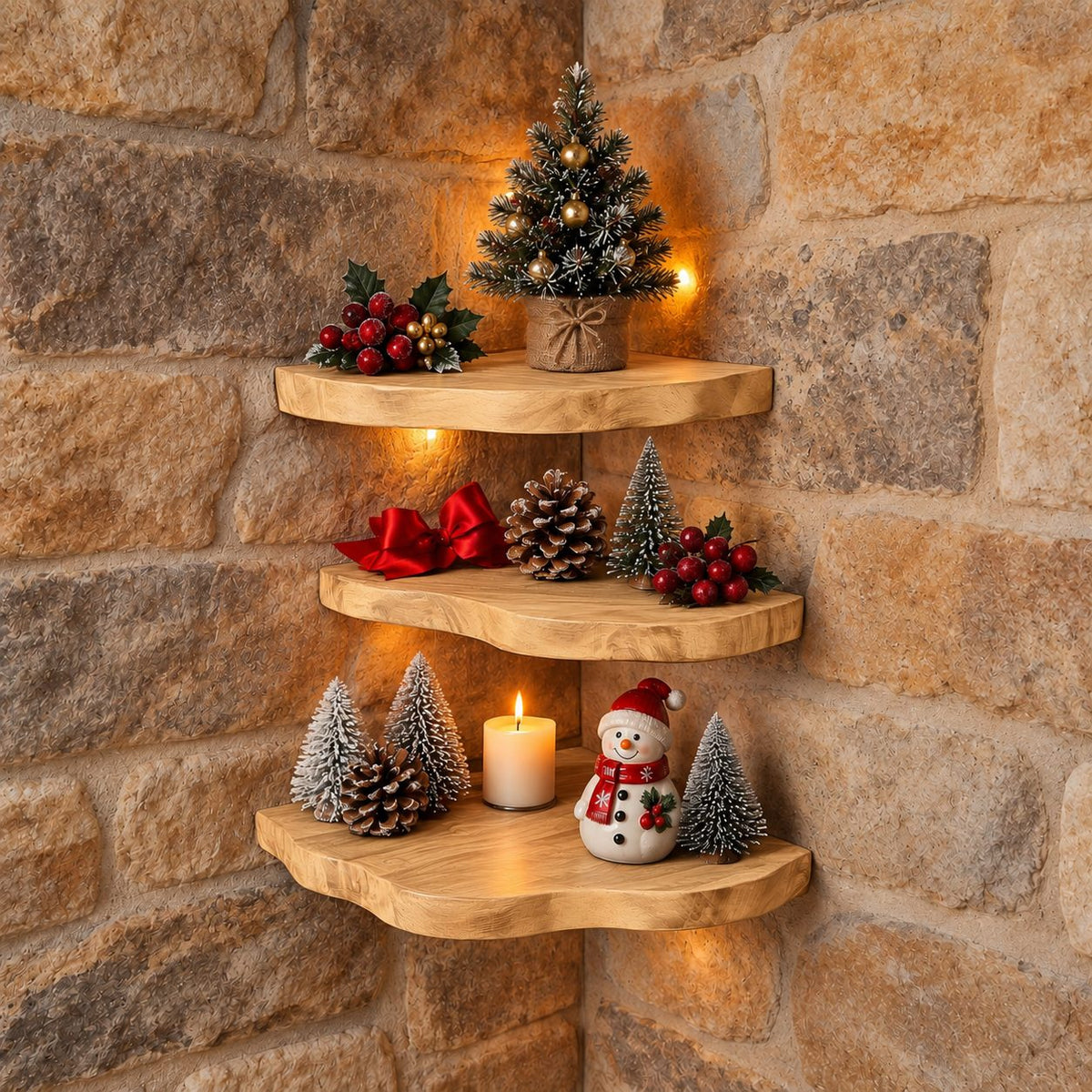 Live Edge Corner Shelf, Rounded Floating Wood Corner Shelf for Holiday and Fireplace Decor