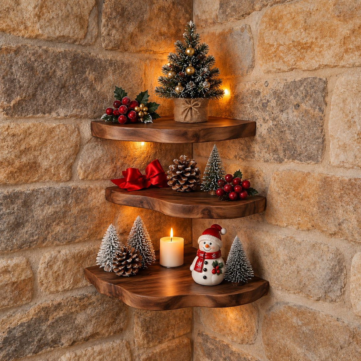 Live Edge Corner Shelf, Rounded Floating Wood Corner Shelf for Holiday and Fireplace Decor