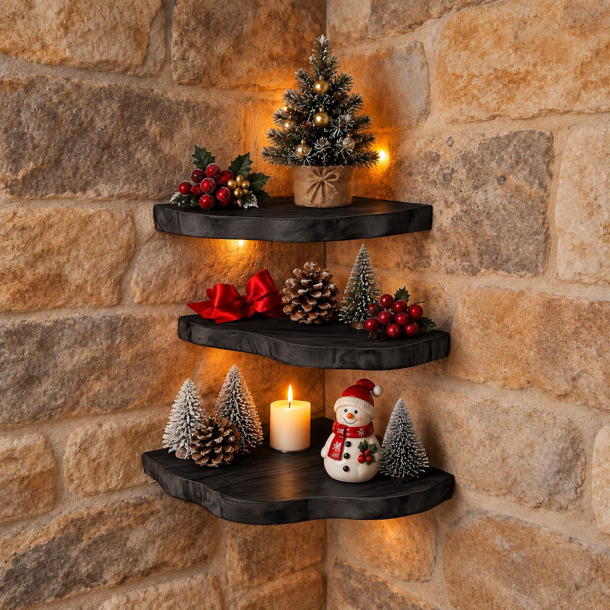 Live Edge Corner Shelf, Rounded Floating Wood Corner Shelf for Holiday and Fireplace Decor