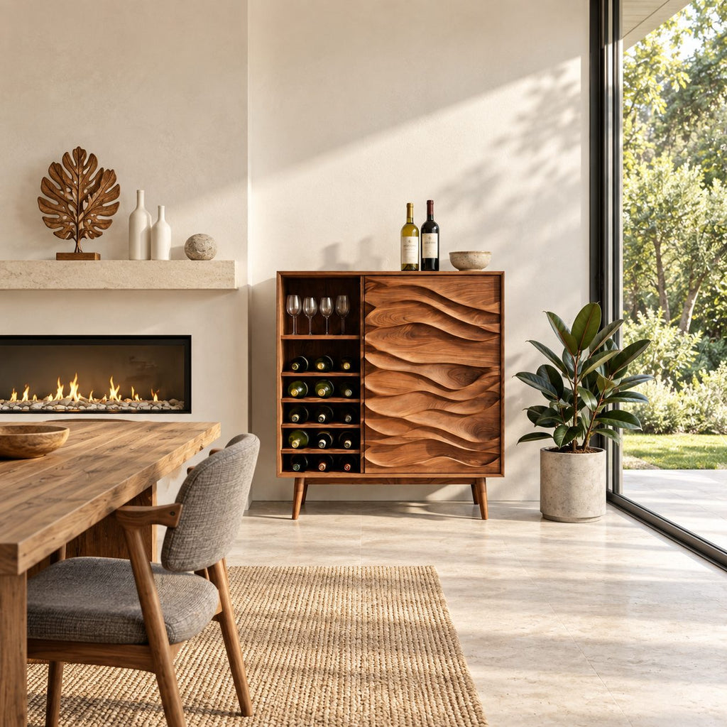 Wave Carved Door Wine Cabinet with Bottle Cubbies and Stemware Shelf, Solid Wood Mid Century Bar Cabinet