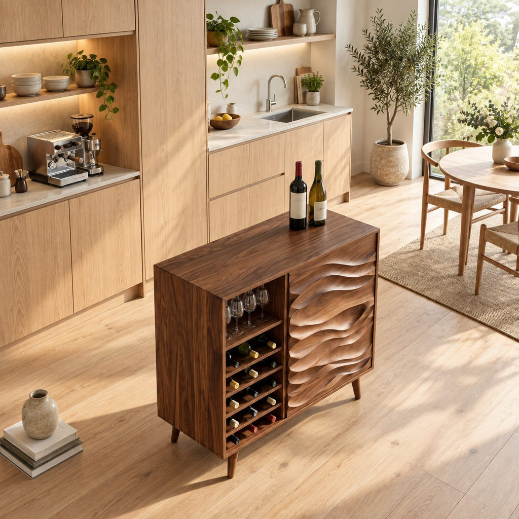 Wave Carved Door Wine Cabinet with Bottle Cubbies and Stemware Shelf, Solid Wood Mid Century Bar Cabinet