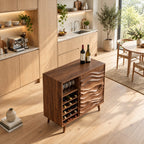 Wave Carved Door Wine Cabinet with Bottle Cubbies and Stemware Shelf, Solid Wood Mid Century Bar Cabinet
