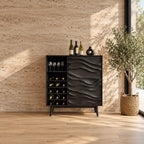 Wave Carved Door Wine Cabinet with Bottle Cubbies and Stemware Shelf, Solid Wood Mid Century Bar Cabinet