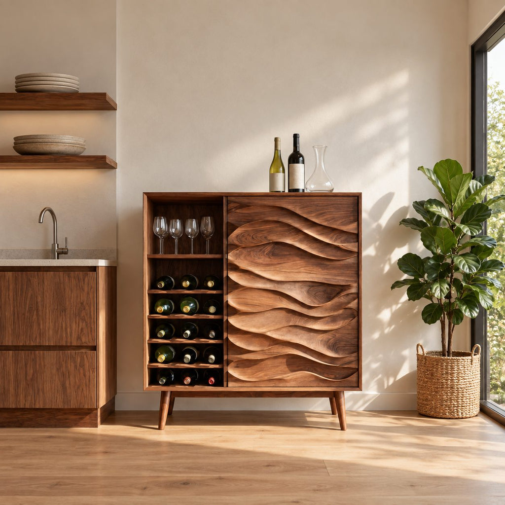 Wave Carved Door Wine Cabinet with Bottle Cubbies and Stemware Shelf, Solid Wood Mid Century Bar Cabinet