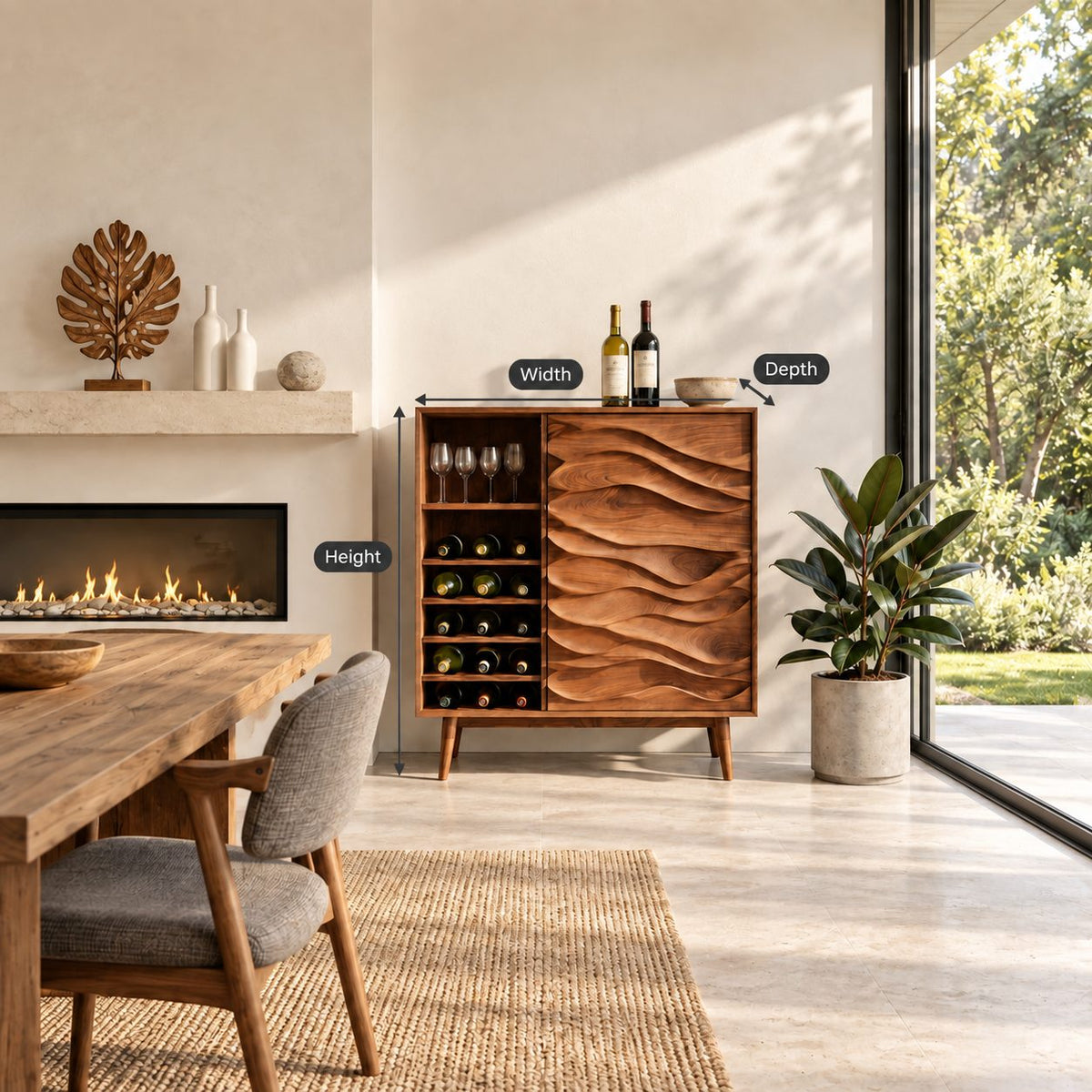 Wave Carved Door Wine Cabinet with Bottle Cubbies and Stemware Shelf, Solid Wood Mid Century Bar Cabinet