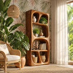 Carved Loop Open Wine Cabinet with Four Rounded Display Bays, Solid Wood Sculptural Bar Shelf Unit