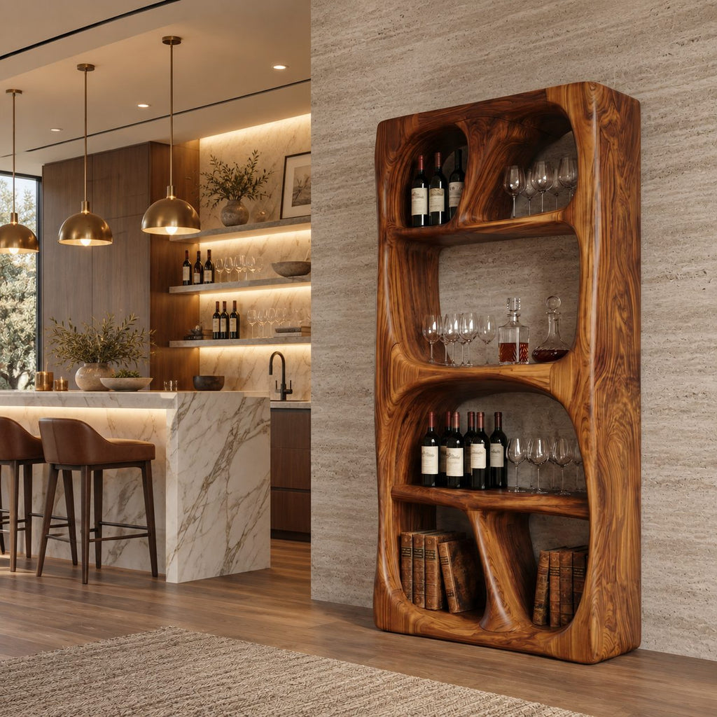 Carved Loop Open Wine Cabinet with Four Rounded Display Bays, Solid Wood Sculptural Bar Shelf Unit