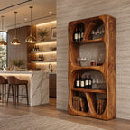 Carved Loop Open Wine Cabinet with Four Rounded Display Bays, Solid Wood Sculptural Bar Shelf Unit
