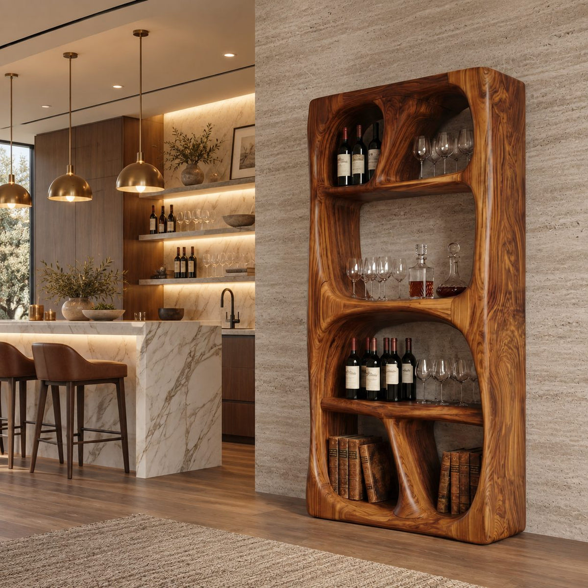 Carved Loop Open Wine Cabinet with Four Rounded Display Bays, Solid Wood Sculptural Bar Shelf Unit