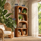 Carved Loop Open Wine Cabinet with Four Rounded Display Bays, Solid Wood Sculptural Bar Shelf Unit