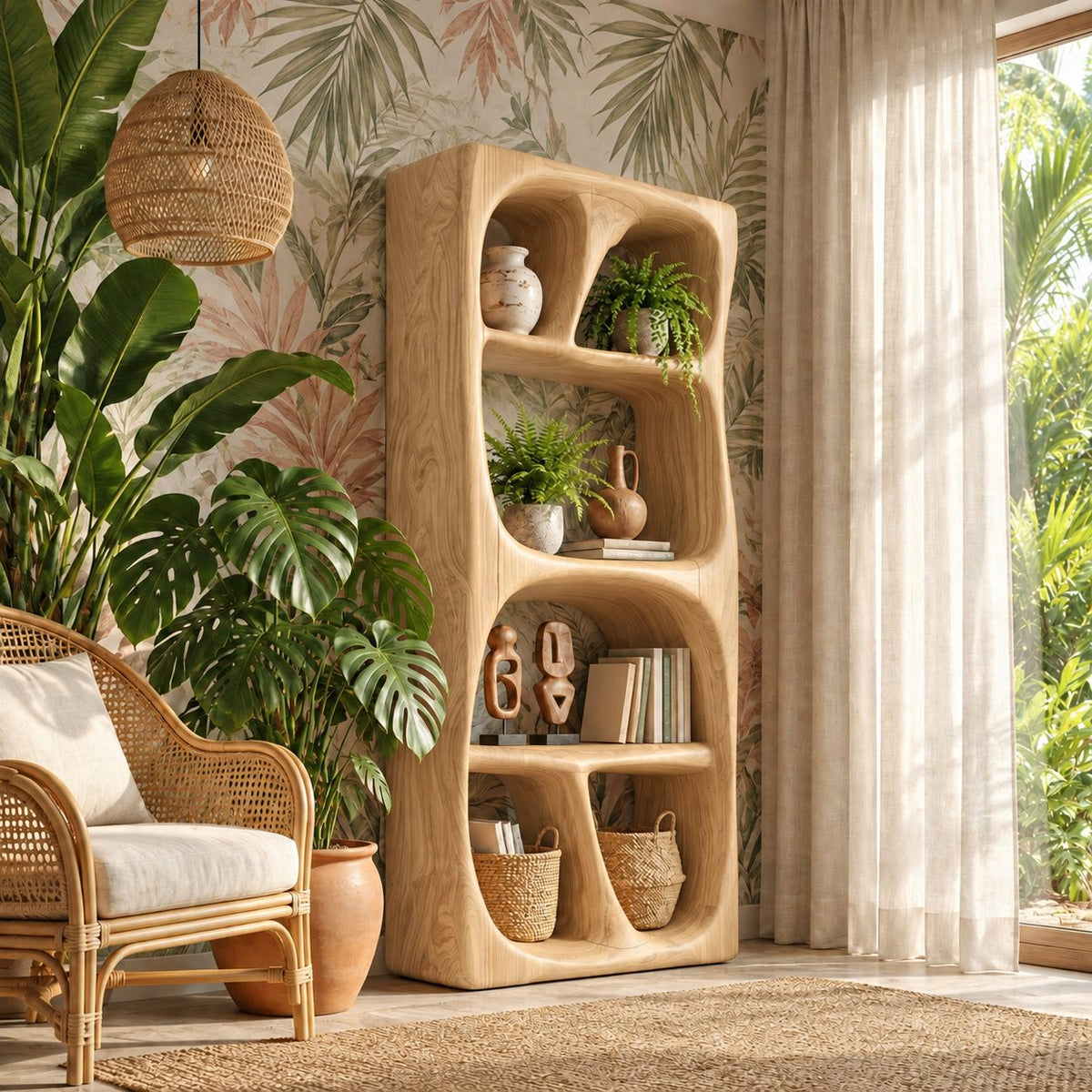 Carved Loop Open Wine Cabinet with Four Rounded Display Bays, Solid Wood Sculptural Bar Shelf Unit