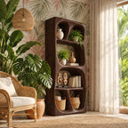 Carved Loop Open Wine Cabinet with Four Rounded Display Bays, Solid Wood Sculptural Bar Shelf Unit