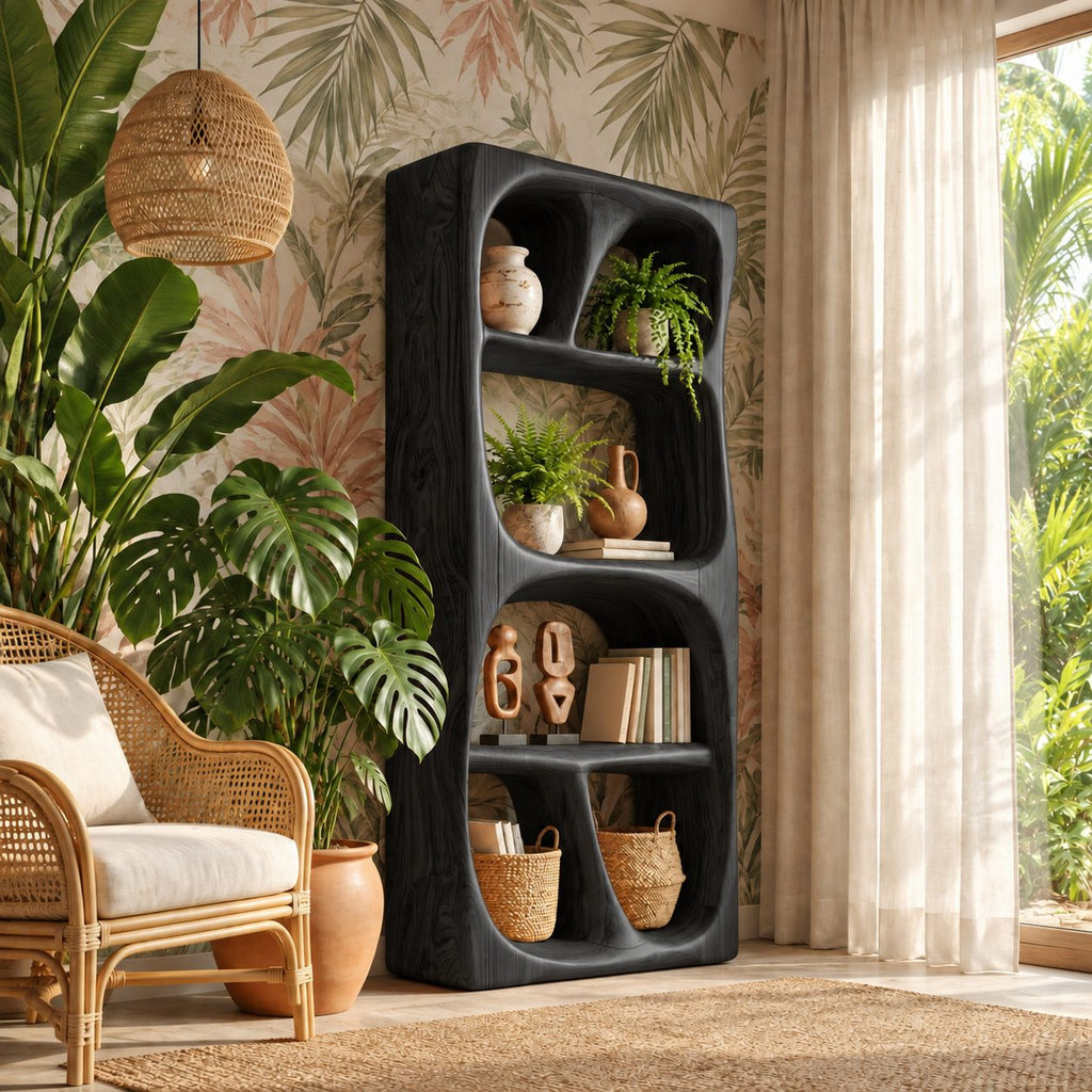 Carved Loop Open Wine Cabinet with Four Rounded Display Bays, Solid Wood Sculptural Bar Shelf Unit