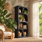 Carved Loop Open Wine Cabinet with Four Rounded Display Bays, Solid Wood Sculptural Bar Shelf Unit