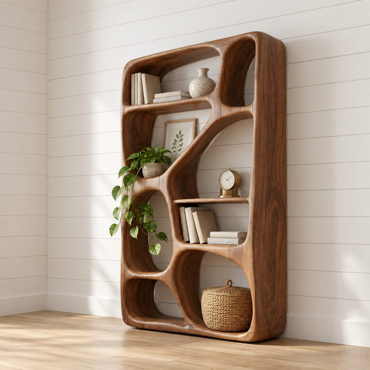 Freeform Sculpted Bar Cabinet with Asymmetric Carved Cubbies, Solid Wood Open Wine Display Shelving