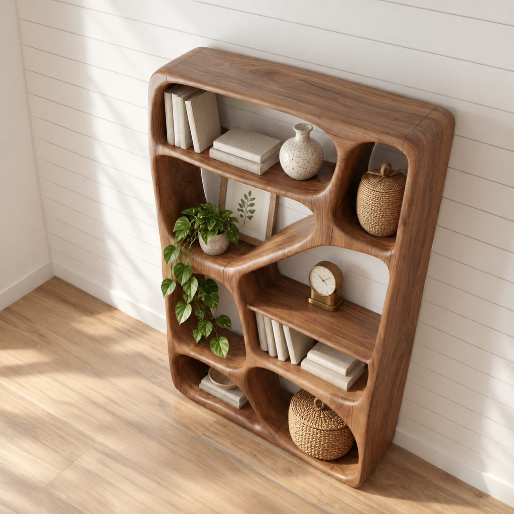 Freeform Sculpted Bar Cabinet with Asymmetric Carved Cubbies, Solid Wood Open Wine Display Shelving