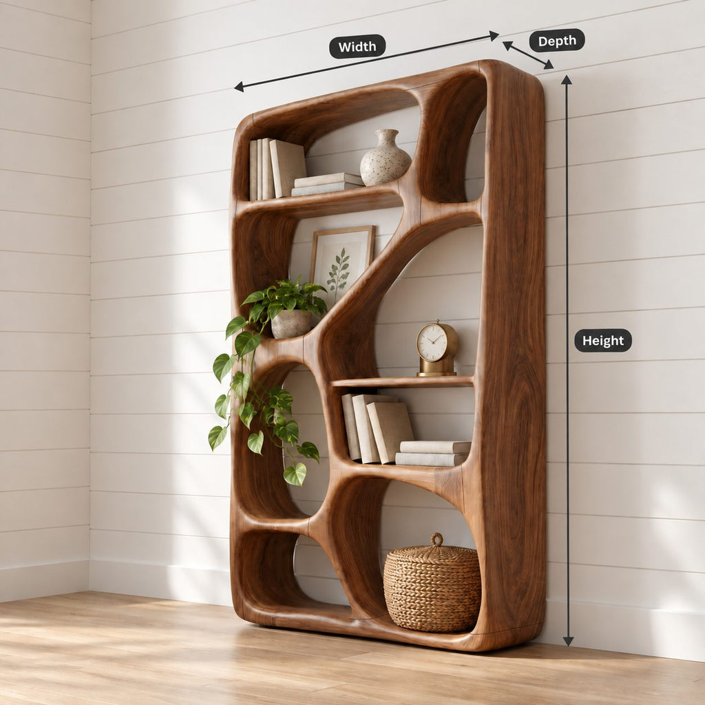Freeform Sculpted Bar Cabinet with Asymmetric Carved Cubbies, Solid Wood Open Wine Display Shelving
