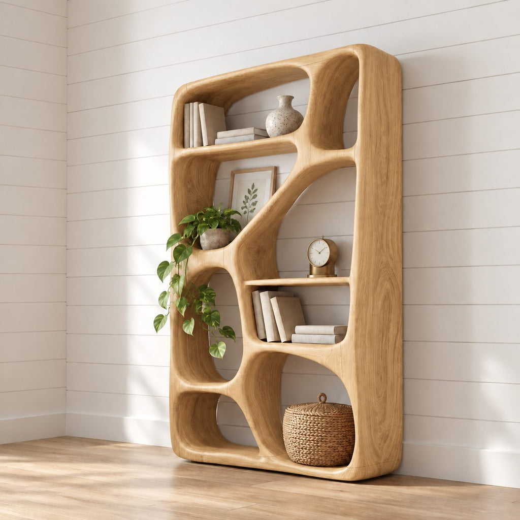 Freeform Sculpted Bar Cabinet with Asymmetric Carved Cubbies, Solid Wood Open Wine Display Shelving
