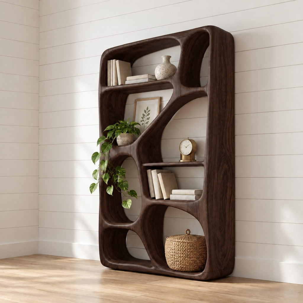 Freeform Sculpted Bar Cabinet with Asymmetric Carved Cubbies, Solid Wood Open Wine Display Shelving