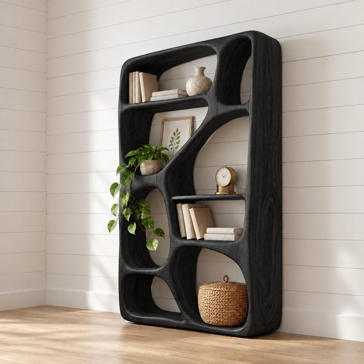 Freeform Sculpted Bar Cabinet with Asymmetric Carved Cubbies, Solid Wood Open Wine Display Shelving