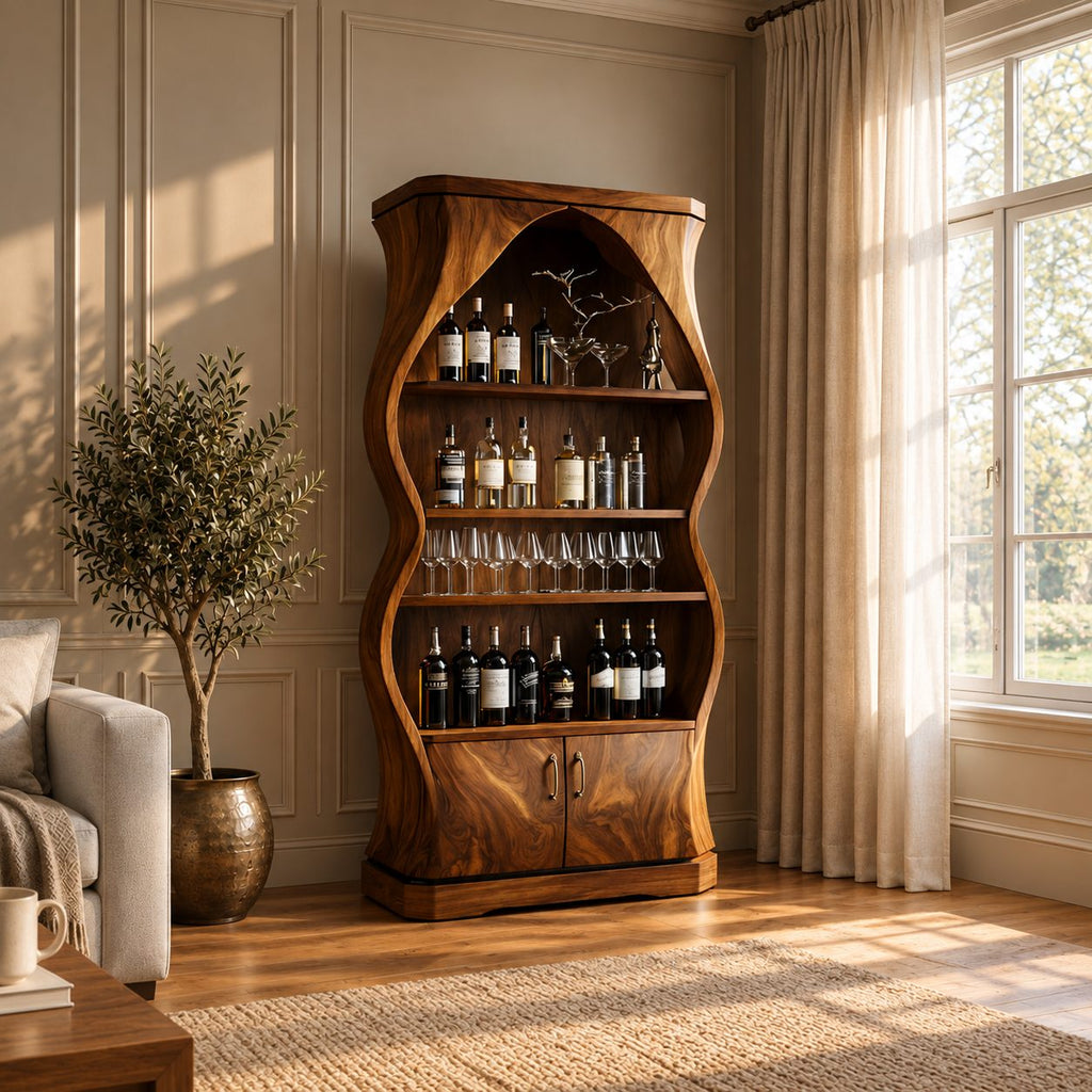 Curved Hourglass Wine Cabinet with Pointed Arch Top and Two Lower Doors, Solid Wood Bar Display Cabinet