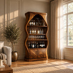 Curved Hourglass Wine Cabinet with Pointed Arch Top and Two Lower Doors, Solid Wood Bar Display Cabinet