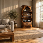 Curved Hourglass Wine Cabinet with Pointed Arch Top and Two Lower Doors, Solid Wood Bar Display Cabinet