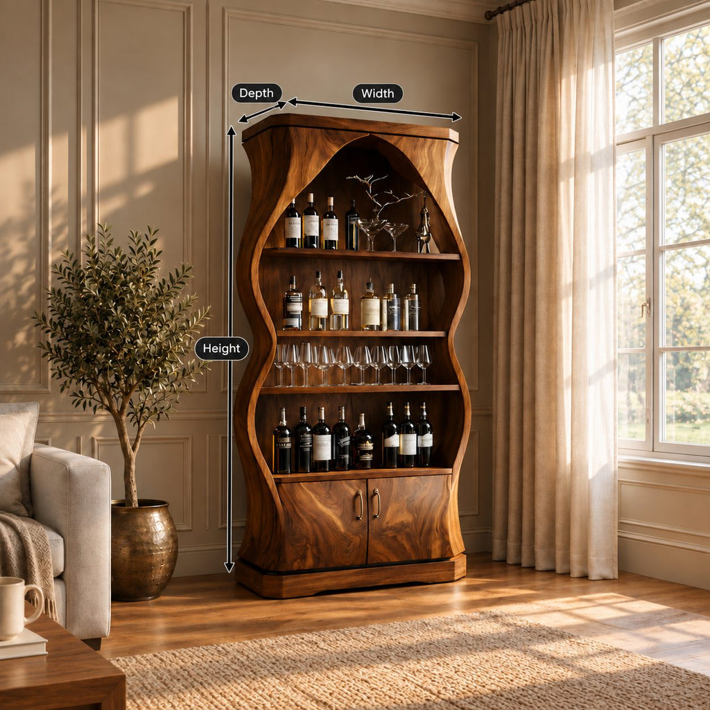 Curved Hourglass Wine Cabinet with Pointed Arch Top and Two Lower Doors, Solid Wood Bar Display Cabinet