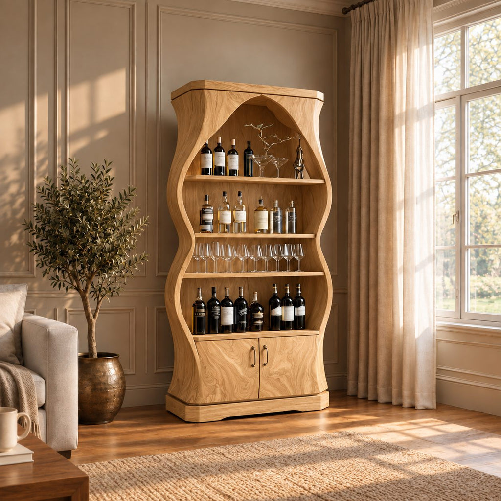 Curved Hourglass Wine Cabinet with Pointed Arch Top and Two Lower Doors, Solid Wood Bar Display Cabinet